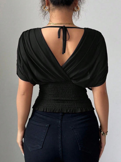 Ruched Surplice Short Sleeve Top - Rochelle's House LLC