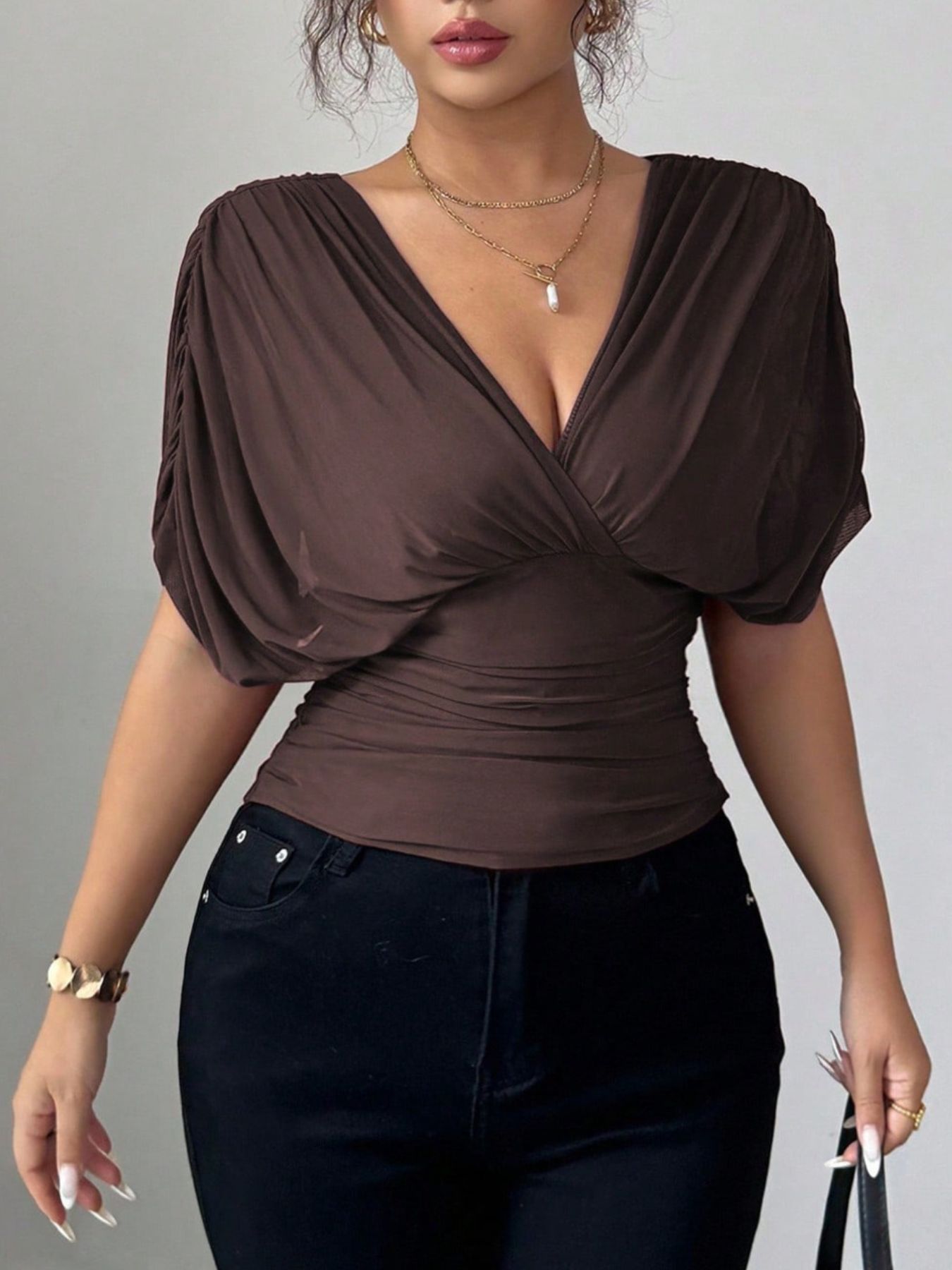 Ruched Surplice Short Sleeve Top - Rochelle's House LLC