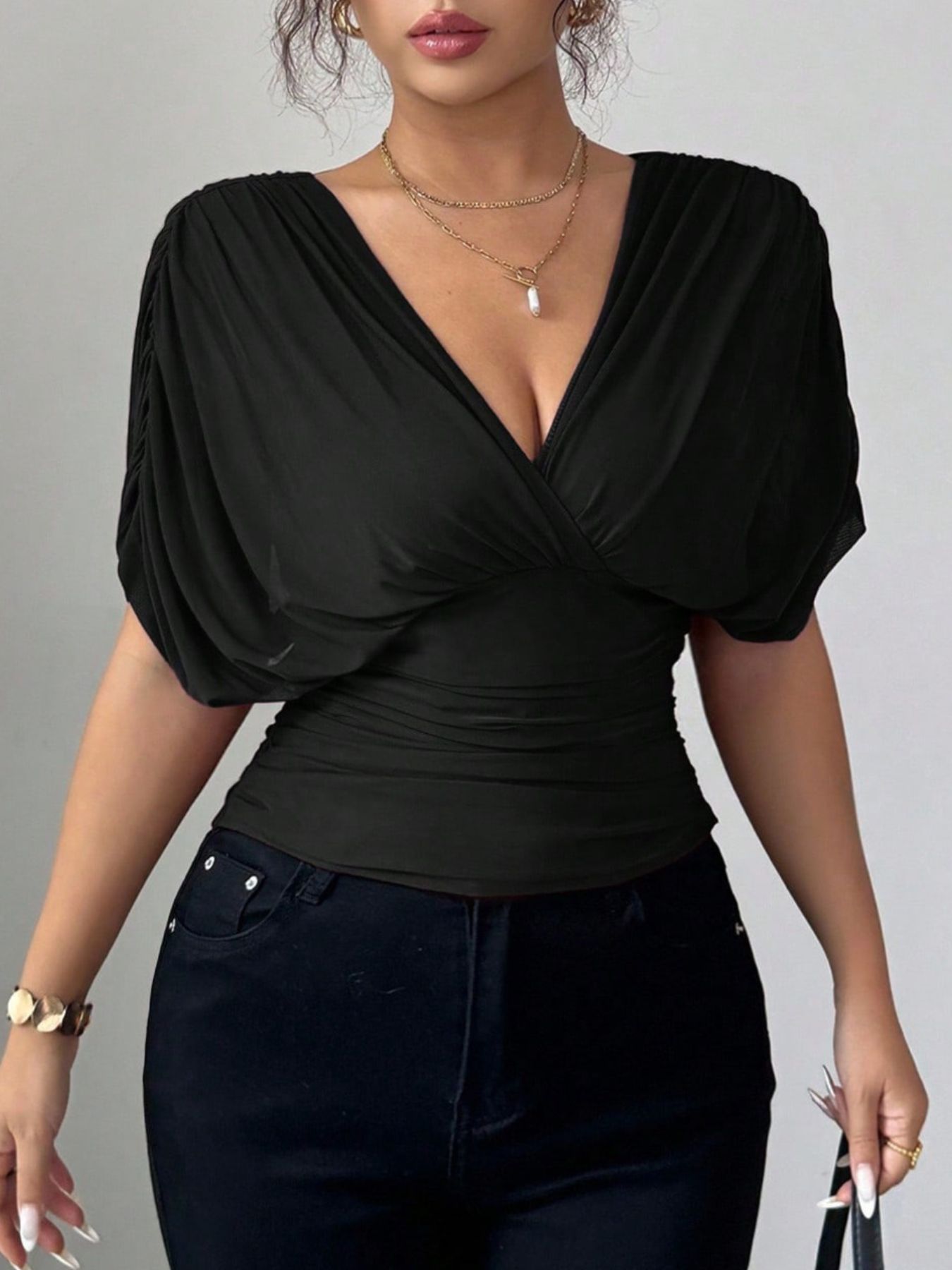 Ruched Surplice Short Sleeve Top - Rochelle's House LLC