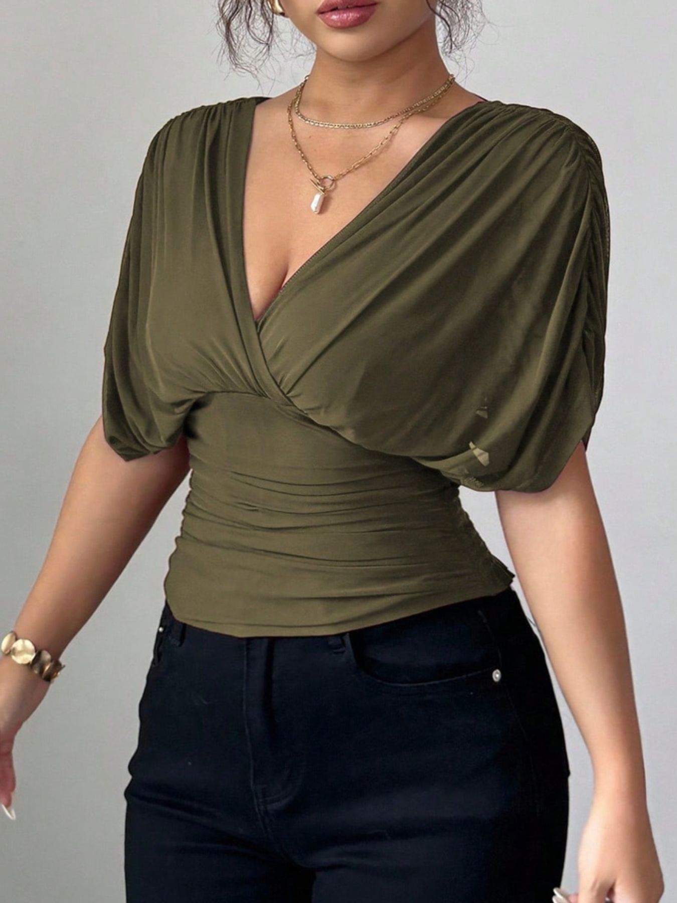 Ruched Surplice Short Sleeve Top - Rochelle's House LLC
