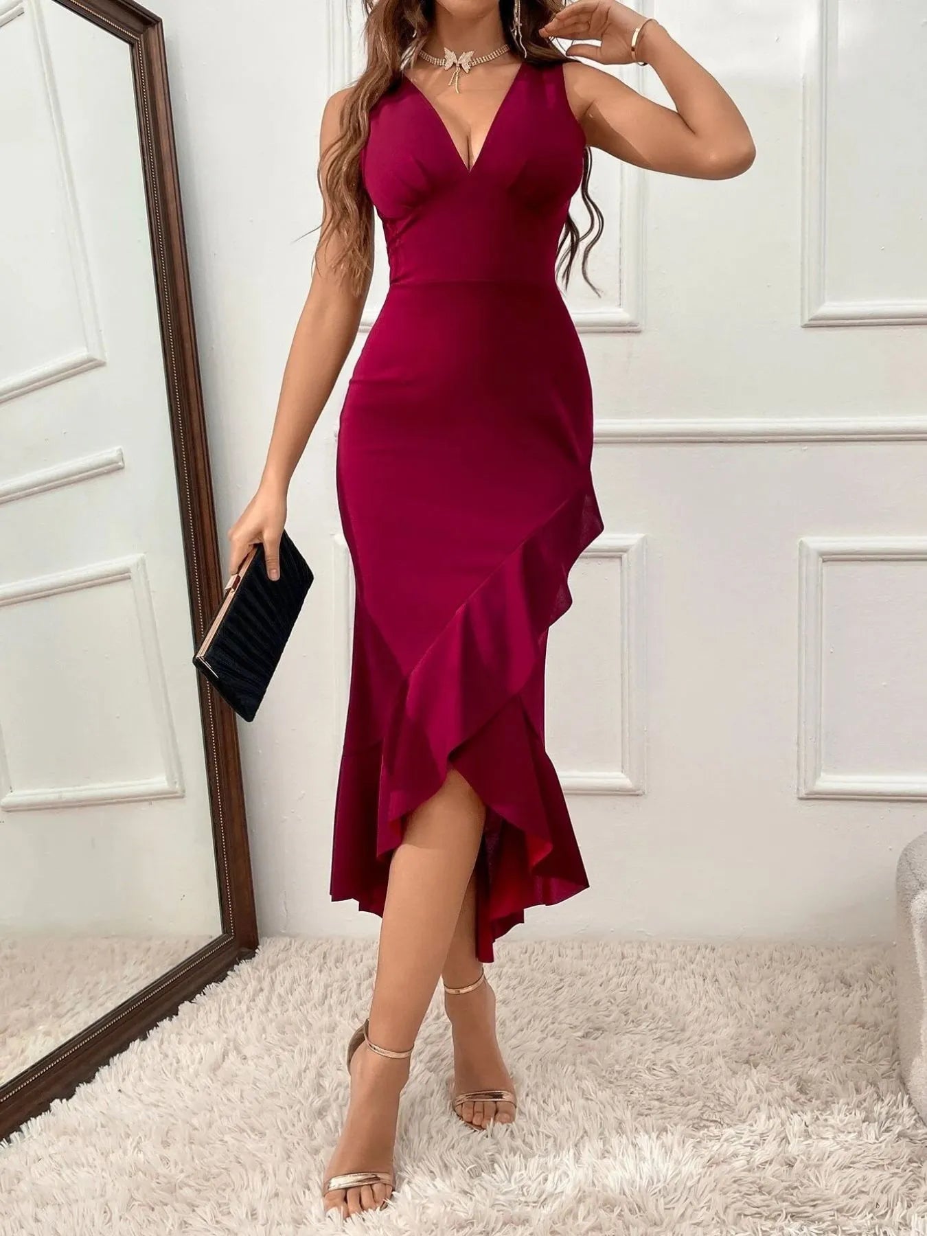 Front view of Ruffle Hem V-Neck Bodycon Dress in Burgundy showing neckline and sleeve details