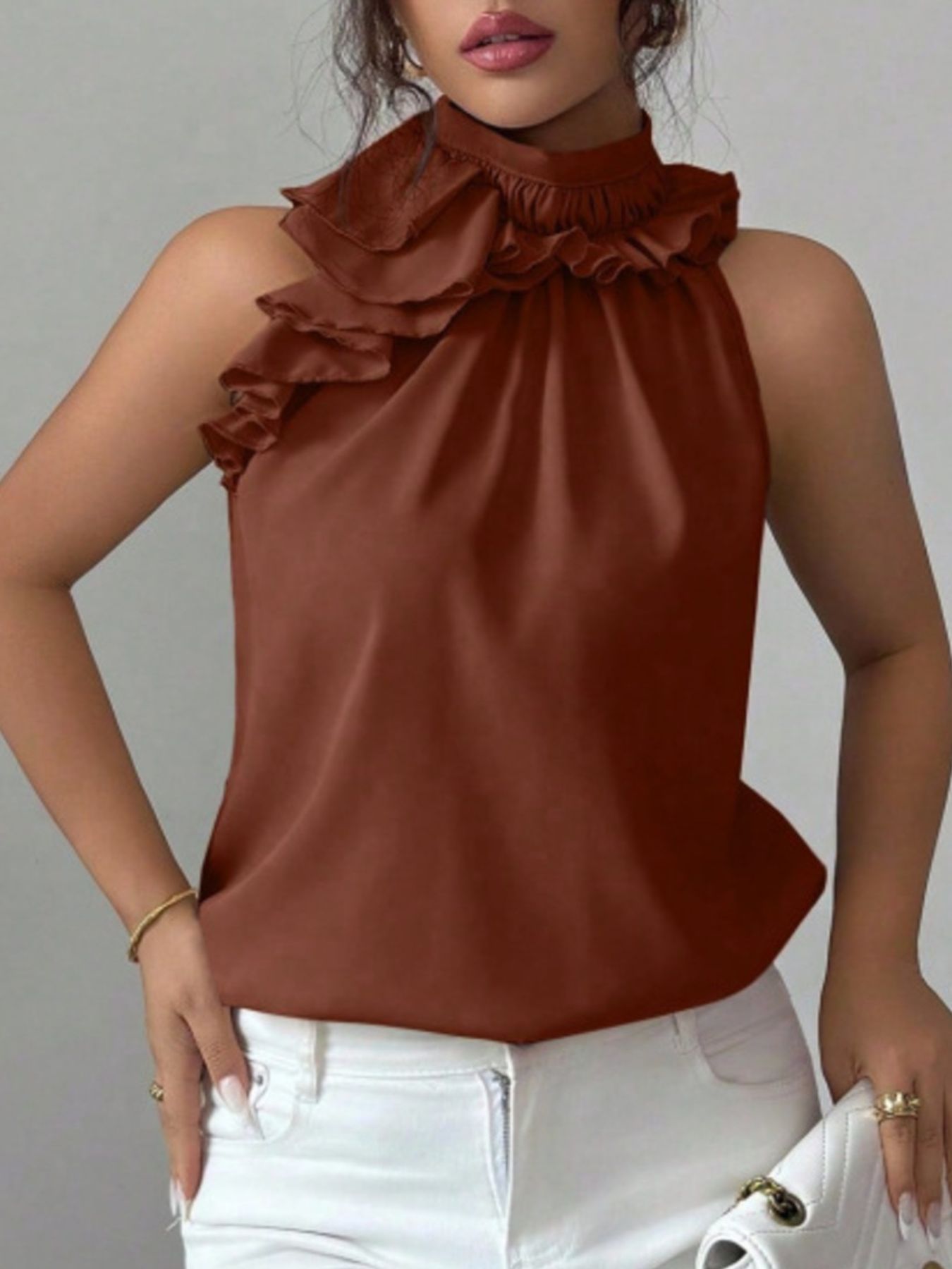 Ruffle High Neck Sleeveless Top - Rochelle's House LLC