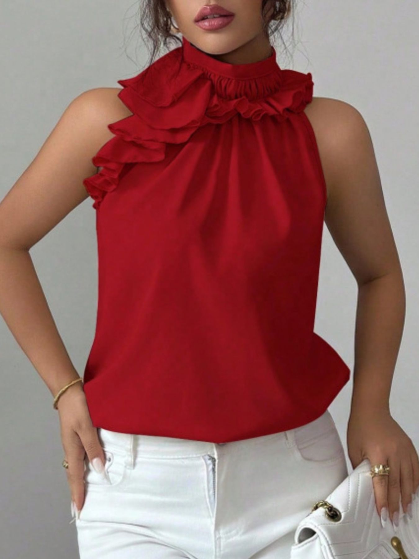 Ruffle High Neck Sleeveless Top - Rochelle's House LLC