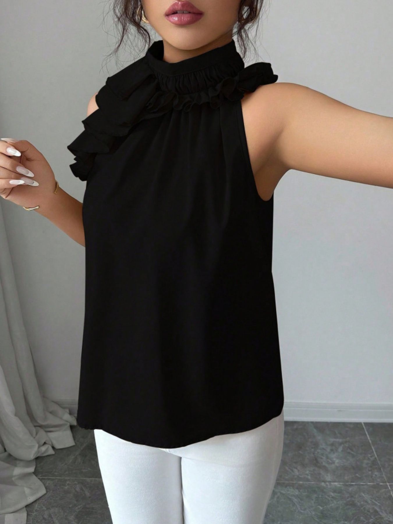Ruffle High Neck Sleeveless Top - Rochelle's House LLC