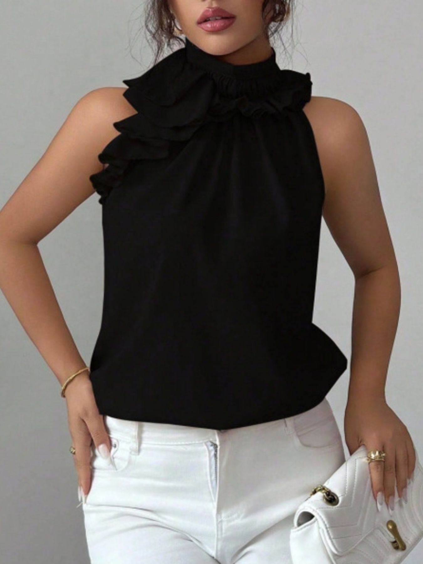 Ruffle High Neck Sleeveless Top - Rochelle's House LLC