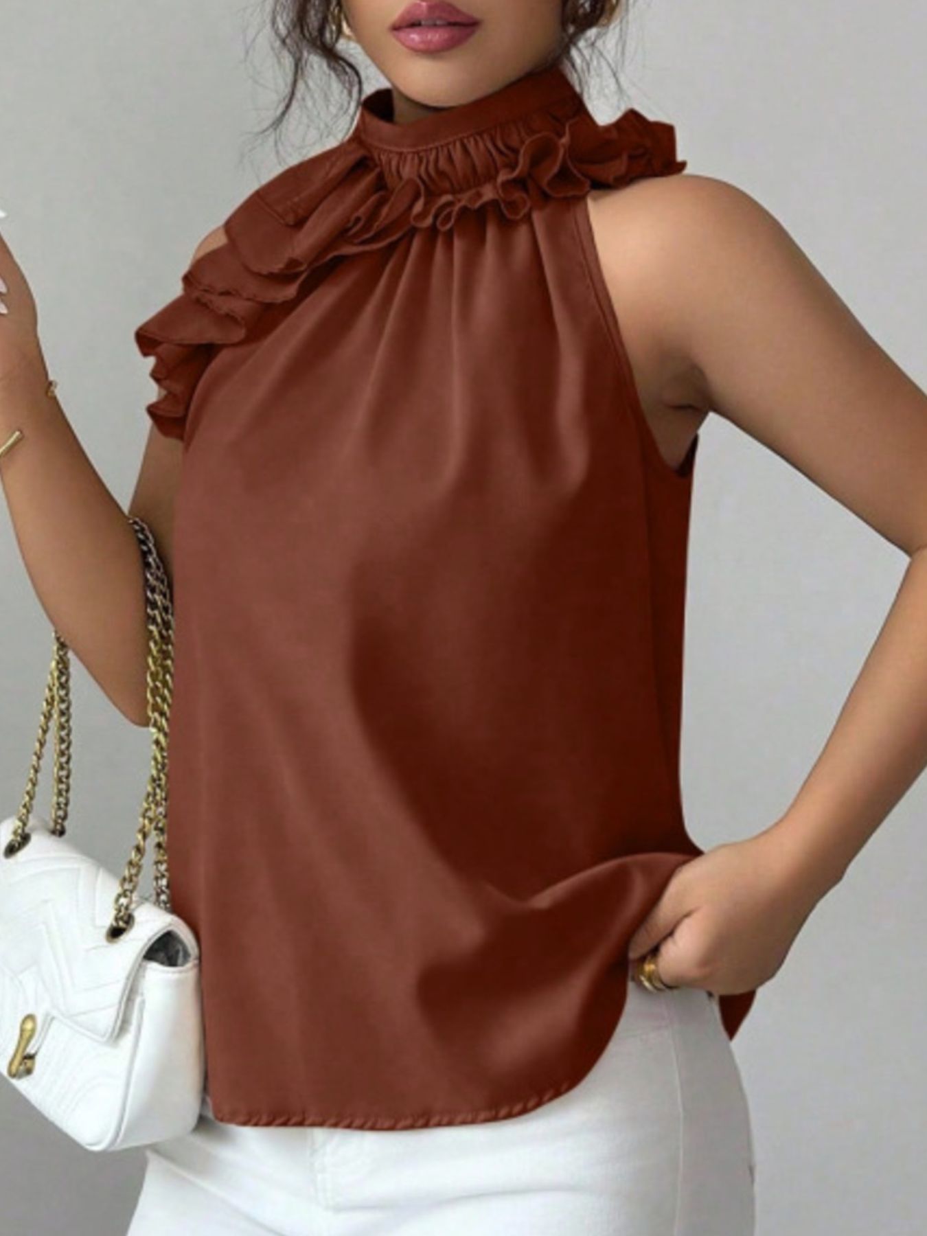 Ruffle High Neck Sleeveless Top - Rochelle's House LLC