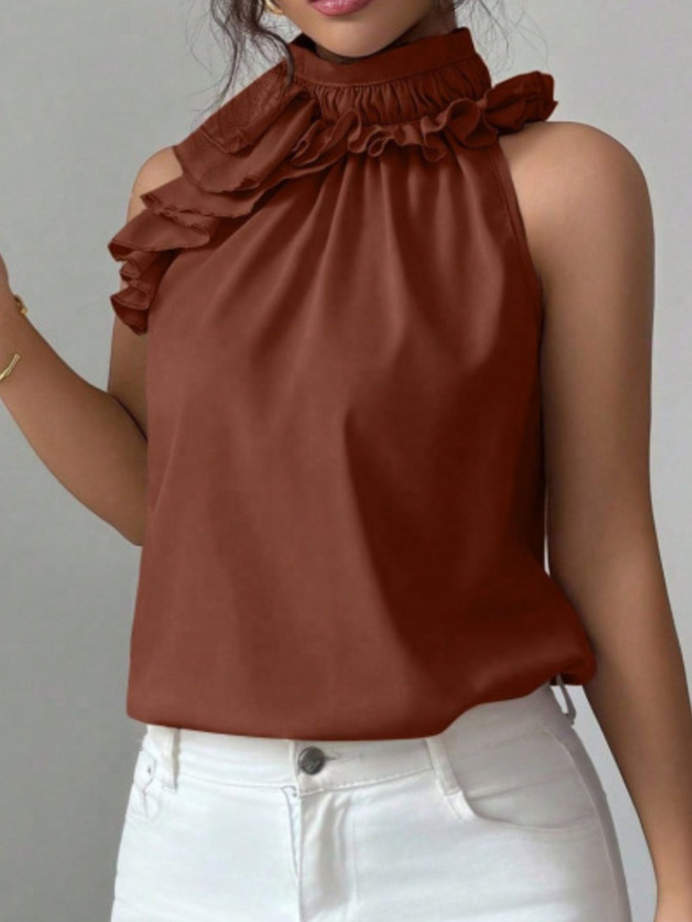 Ruffle High Neck Sleeveless Top - Rochelle's House LLC