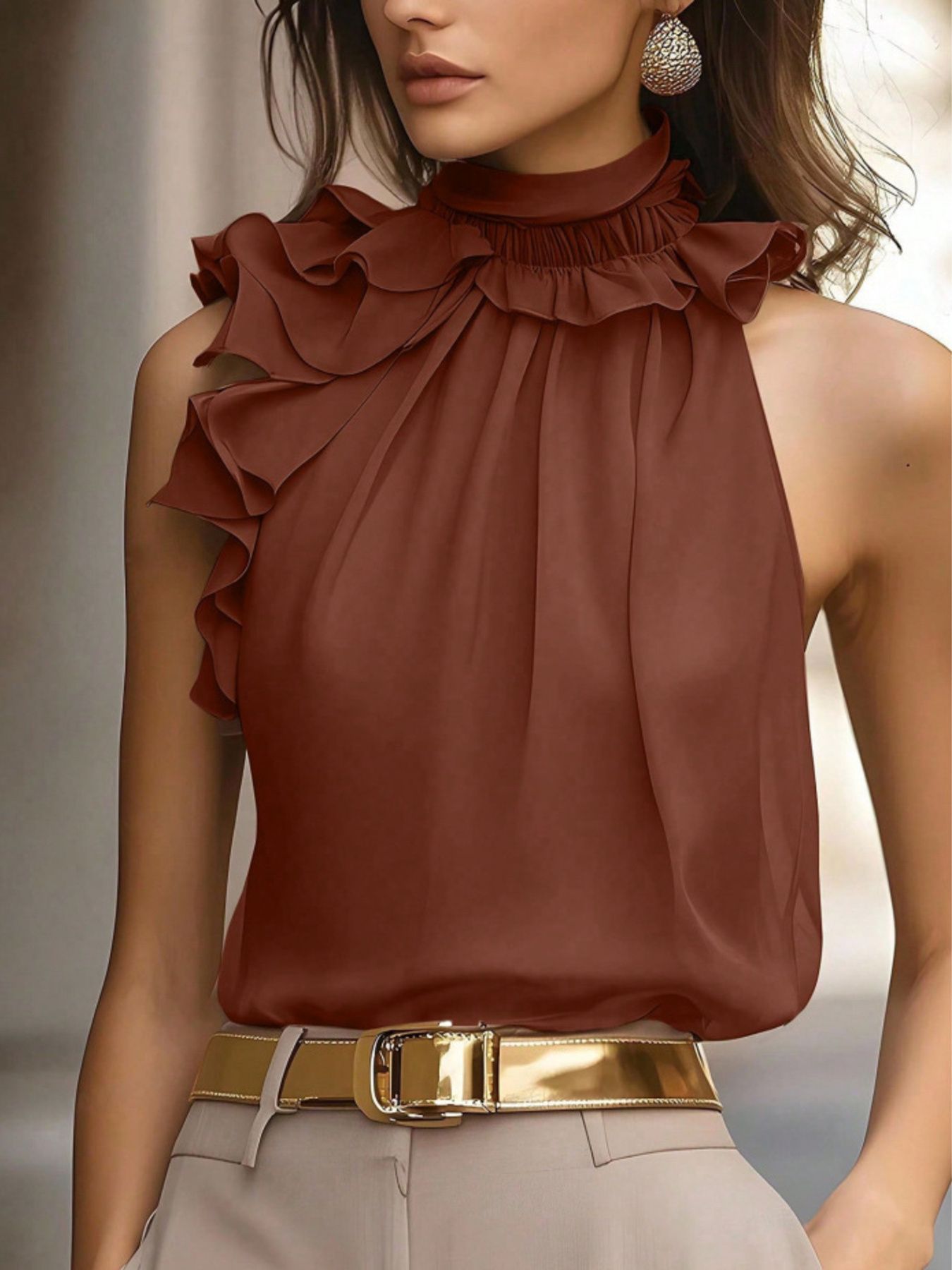 Ruffle High Neck Sleeveless Top - Rochelle's House LLC