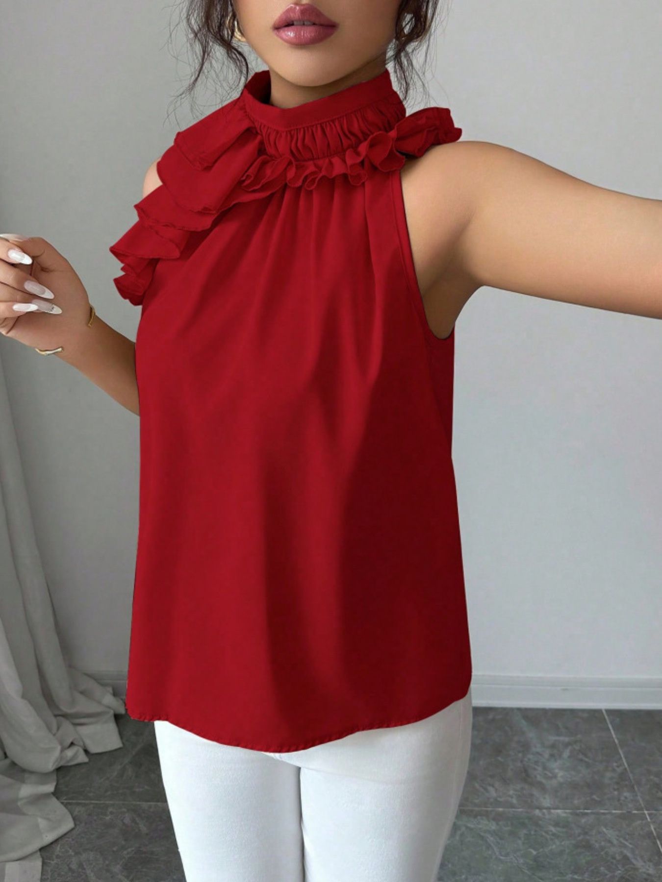 Ruffle High Neck Sleeveless Top - Rochelle's House LLC