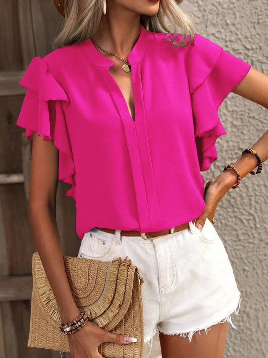 Front view of Ruffle Sleeve Notched Blouse in Hot Pink showing neckline and sleeve details