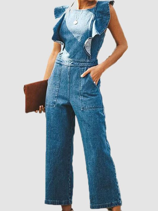 Ruffled Backless Sleeveless Denim Jumpsuit - Rochelle's House LLC