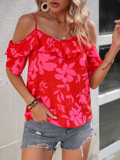Ruffled Printed Short Sleeve Blouse - Rochelle's House LLC