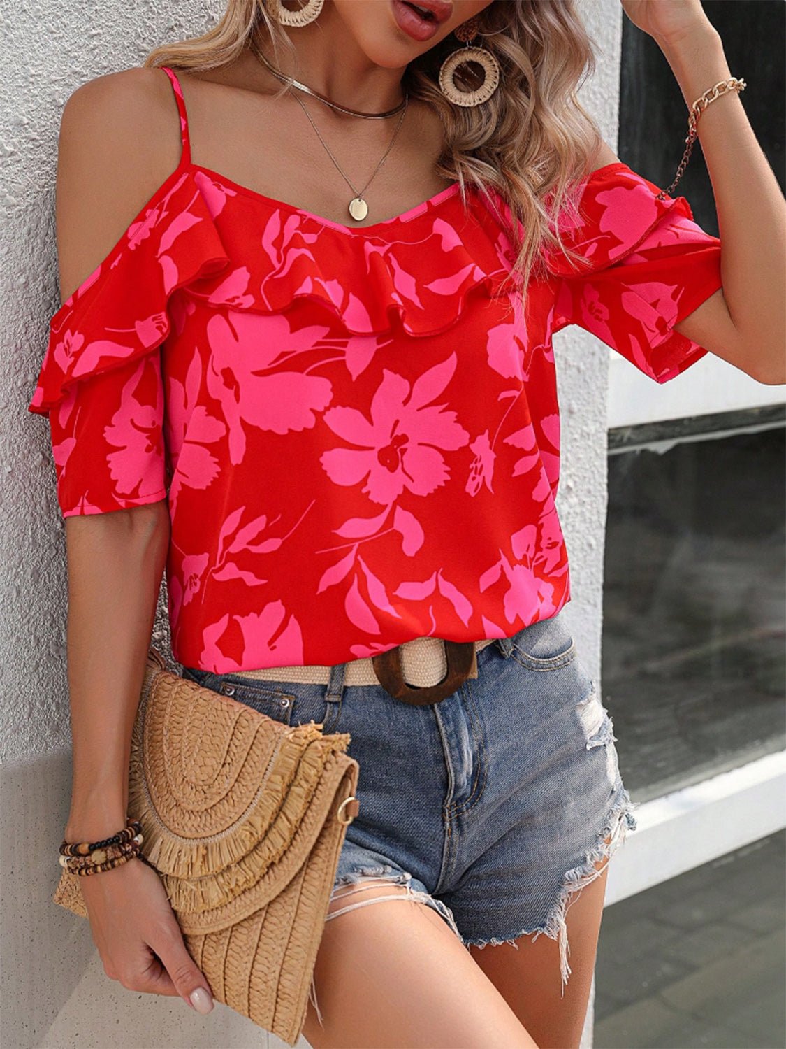 Ruffled Printed Short Sleeve Blouse - Rochelle's House LLC