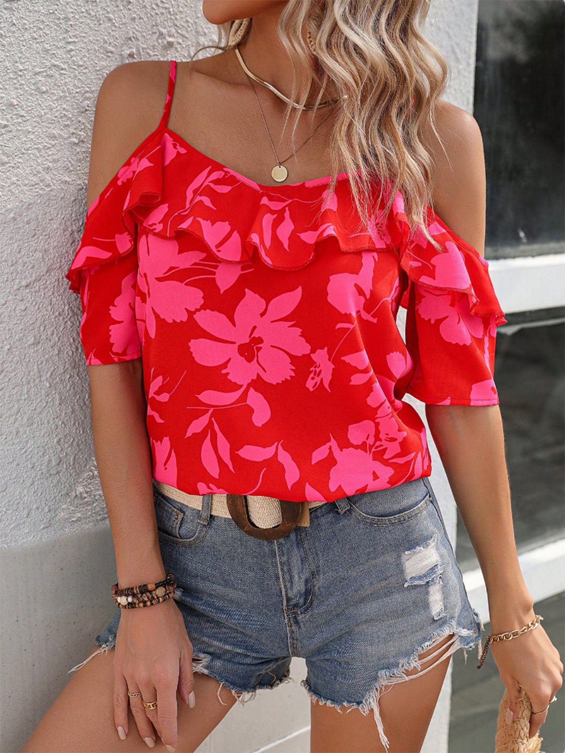 Ruffled Printed Short Sleeve Blouse - Rochelle's House LLC