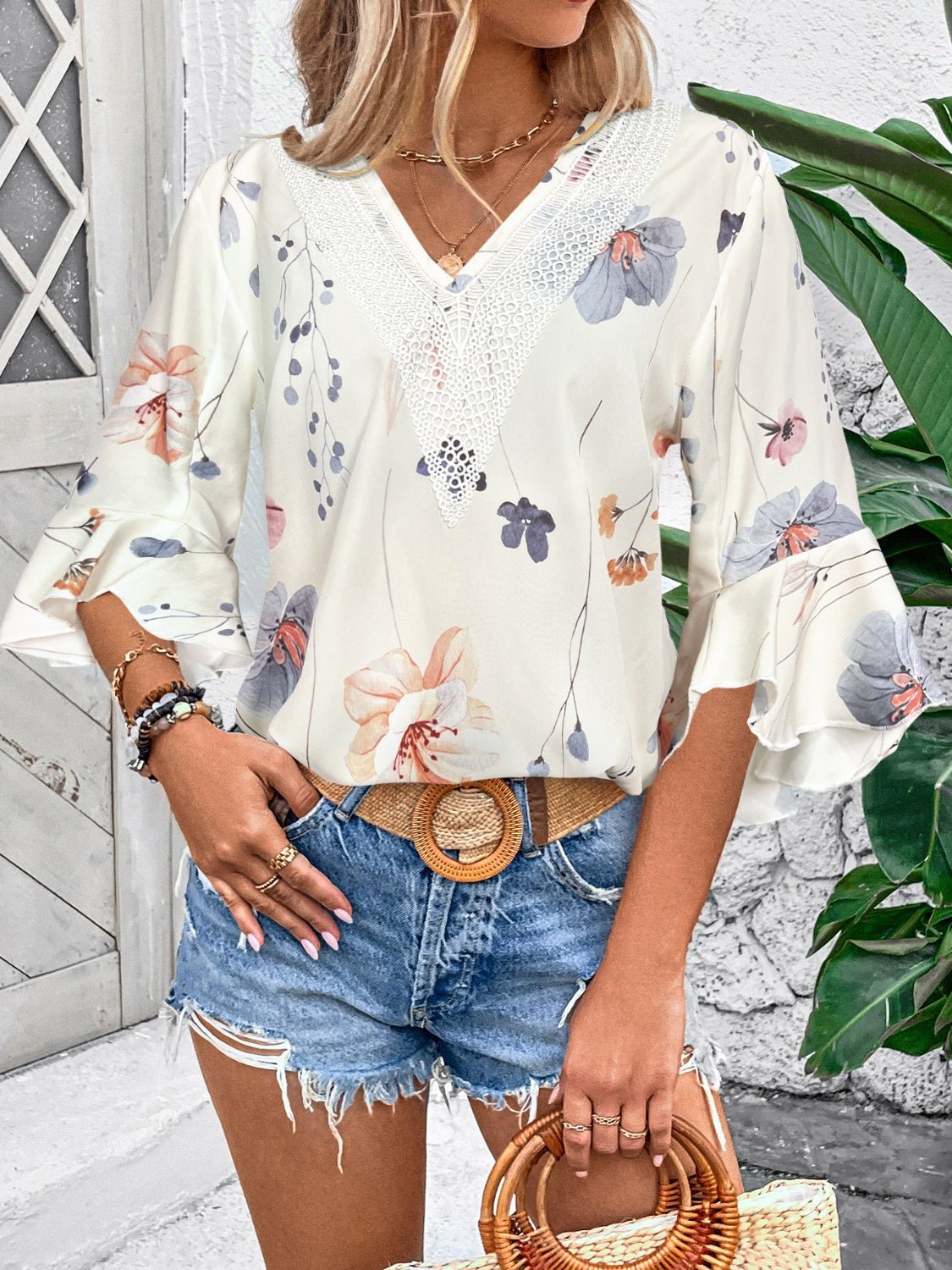 Ruffled Printed V - Neck Half Sleeve Blouse - Rochelle's House LLC