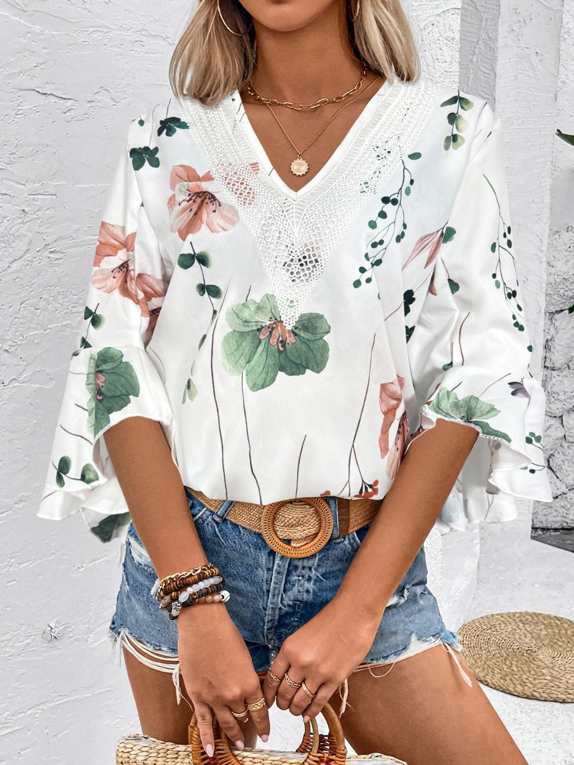 Ruffled Printed V - Neck Half Sleeve Blouse - Rochelle's House LLC