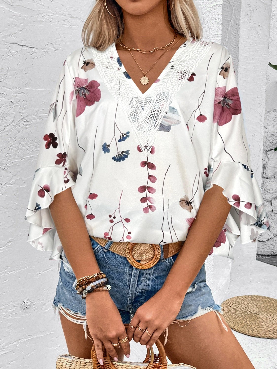 Ruffled Printed V - Neck Half Sleeve Blouse - Rochelle's House LLC