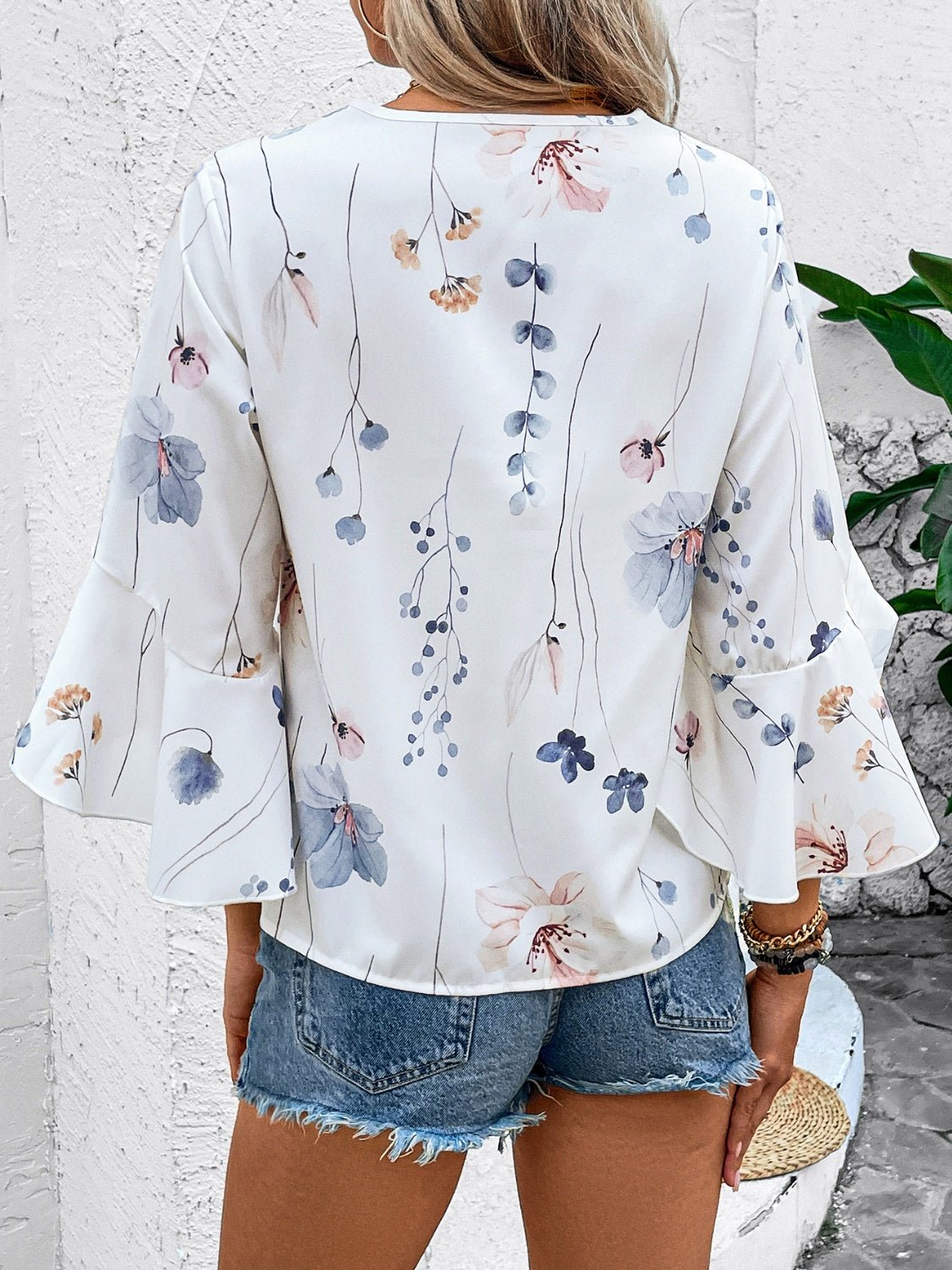 Ruffled Printed V - Neck Half Sleeve Blouse - Rochelle's House LLC