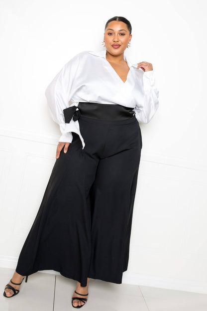 Front view of Satin Long Sleeve Tie Waist Wrap Top showing neckline and sleeve details (95% polyester, 5% spandex blend)