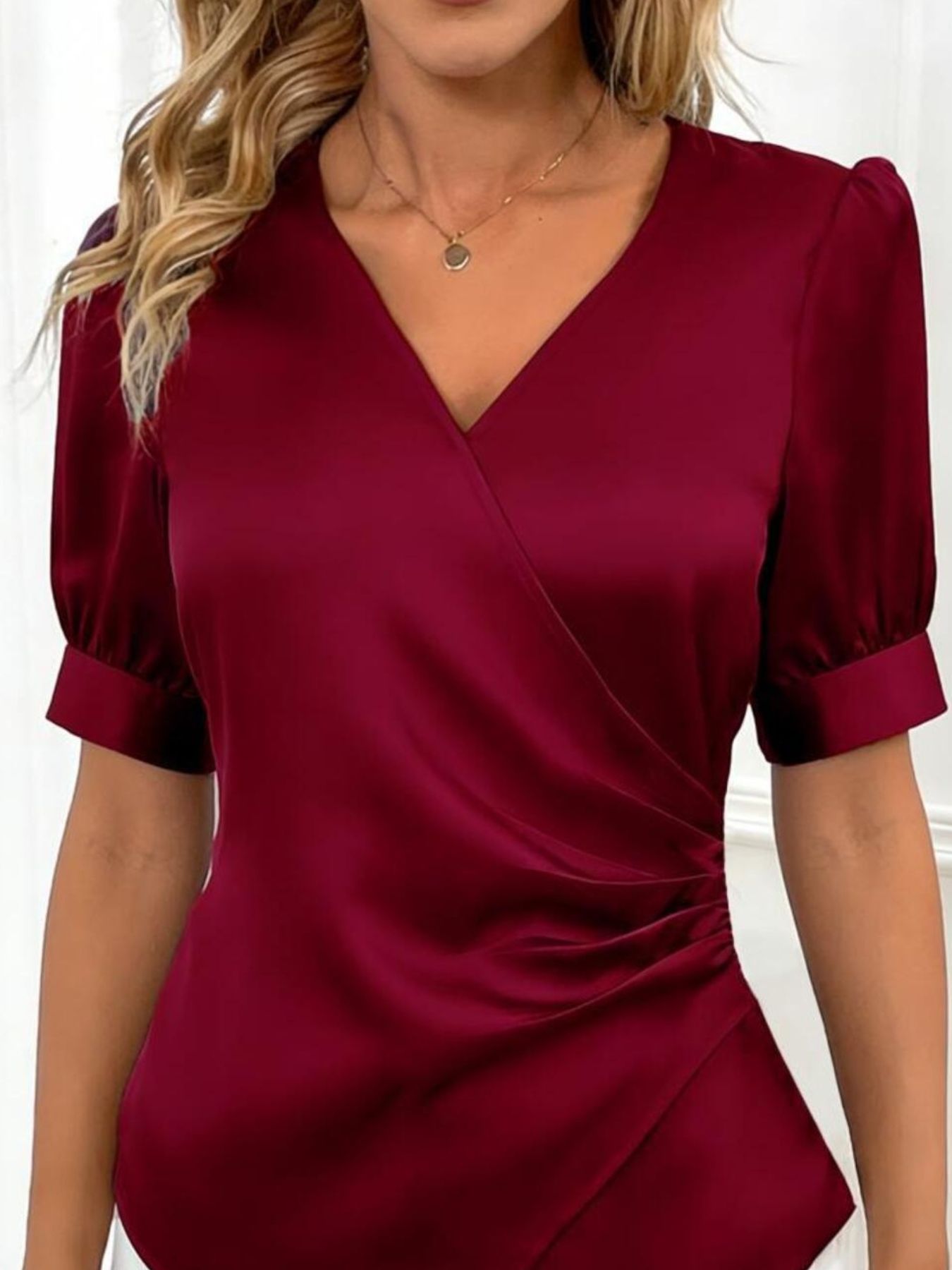 Satin V - Neck Wrap Blouse - Rochelle's House LLC