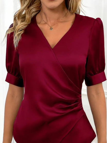 Satin V - Neck Wrap Blouse - Rochelle's House LLC