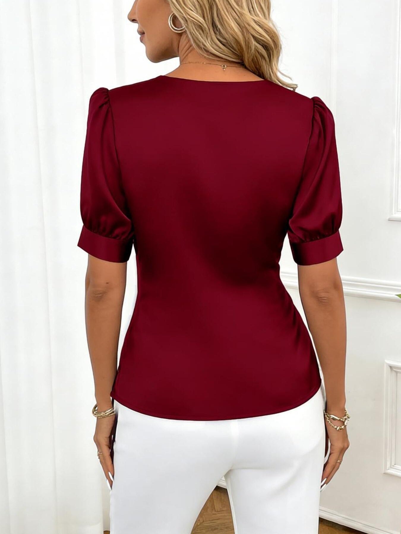 Satin V - Neck Wrap Blouse - Rochelle's House LLC
