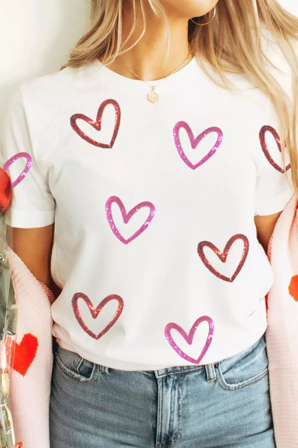 Sequin Heart Short Sleeve Casual Tee - Rochelle's House LLC
