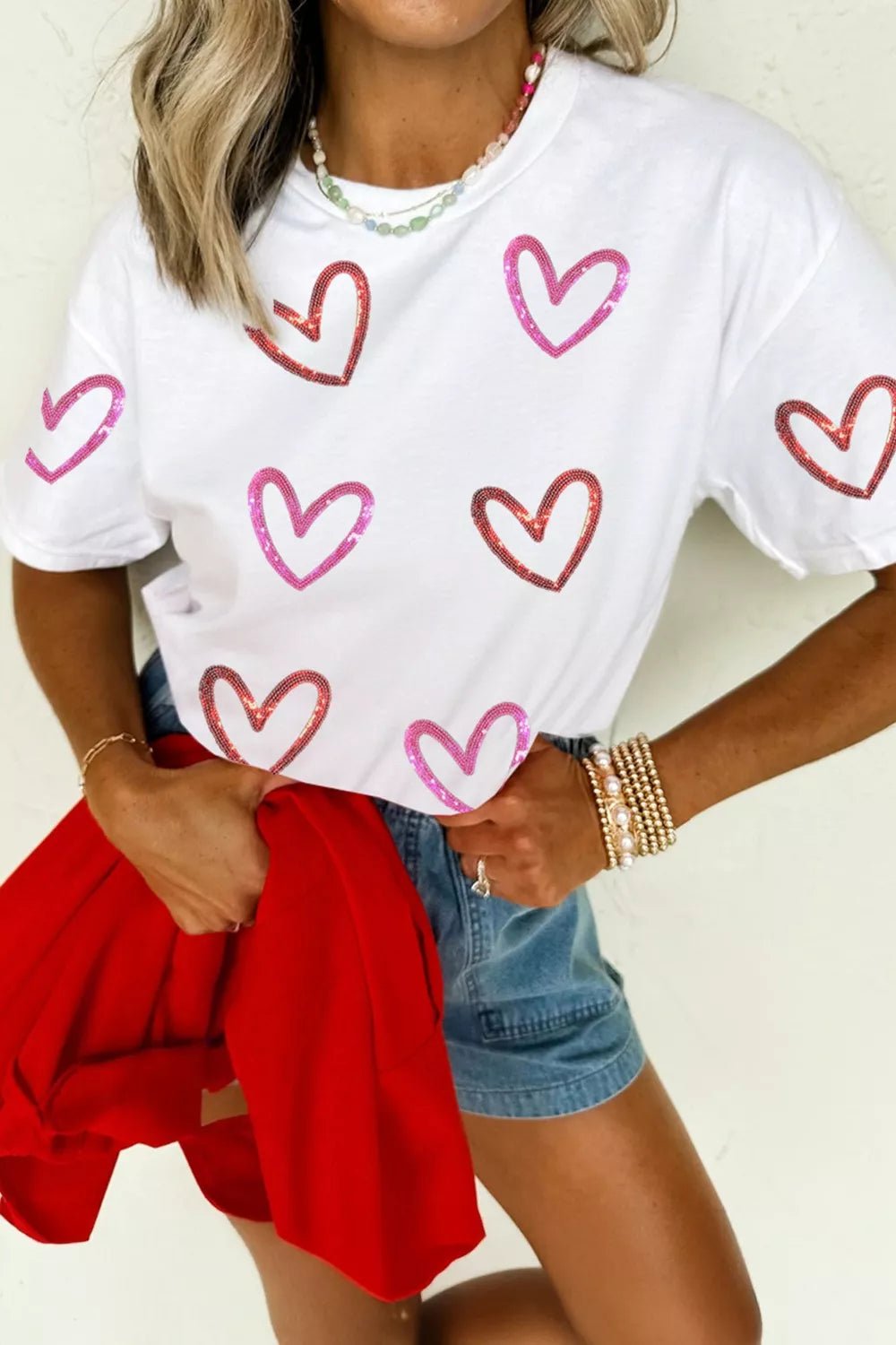 Sequin Heart Short Sleeve Casual Tee - Rochelle's House LLC