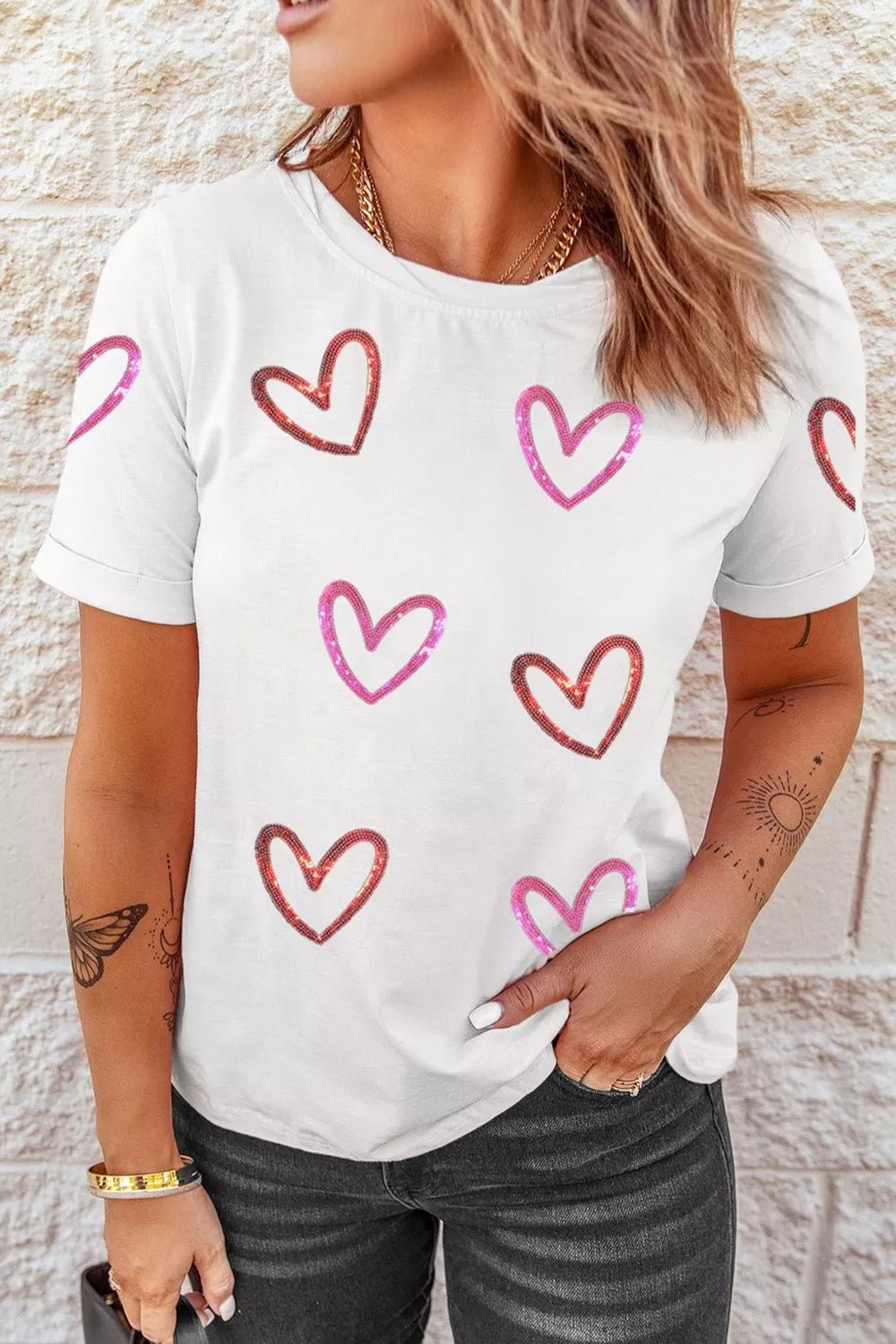 Sequin Heart Short Sleeve Casual Tee - Rochelle's House LLC