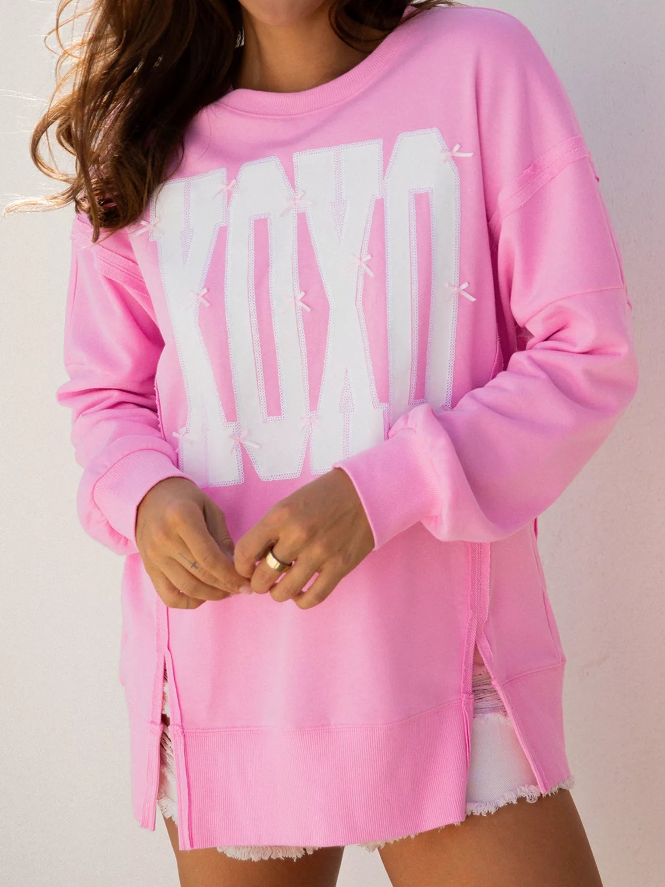 Sequin XOXO Letter Graphic Exposed Seam Baggy Sweatshirt - Rochelle's House LLC