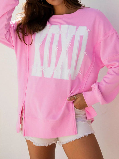 Sequin XOXO Letter Graphic Exposed Seam Baggy Sweatshirt - Rochelle's House LLC