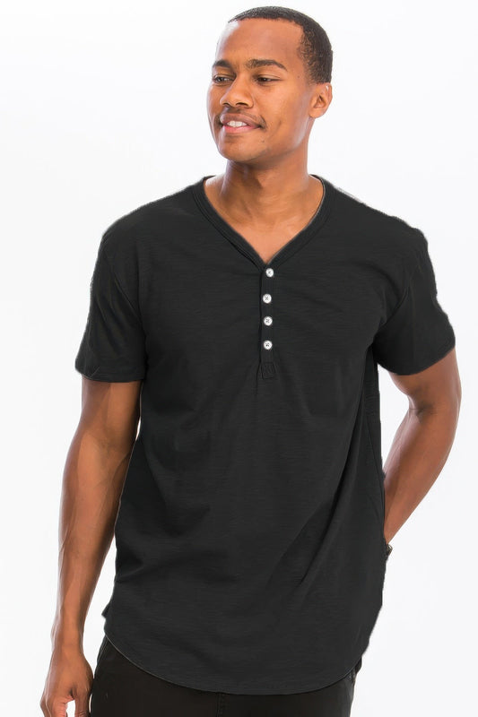 Front view of Short Sleeve 4 Button Henley Shirt showing neckline and sleeve details (cotton)
