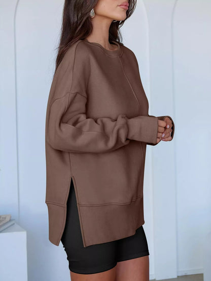 Side Slit Round Neck Long Sleeve Sweatshirt - Rochelle's House LLC