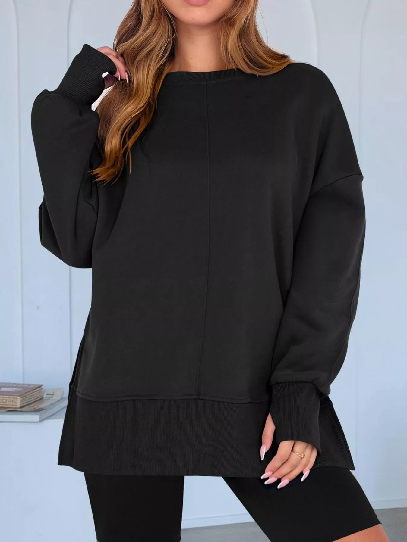 Side Slit Round Neck Long Sleeve Sweatshirt - Rochelle's House LLC
