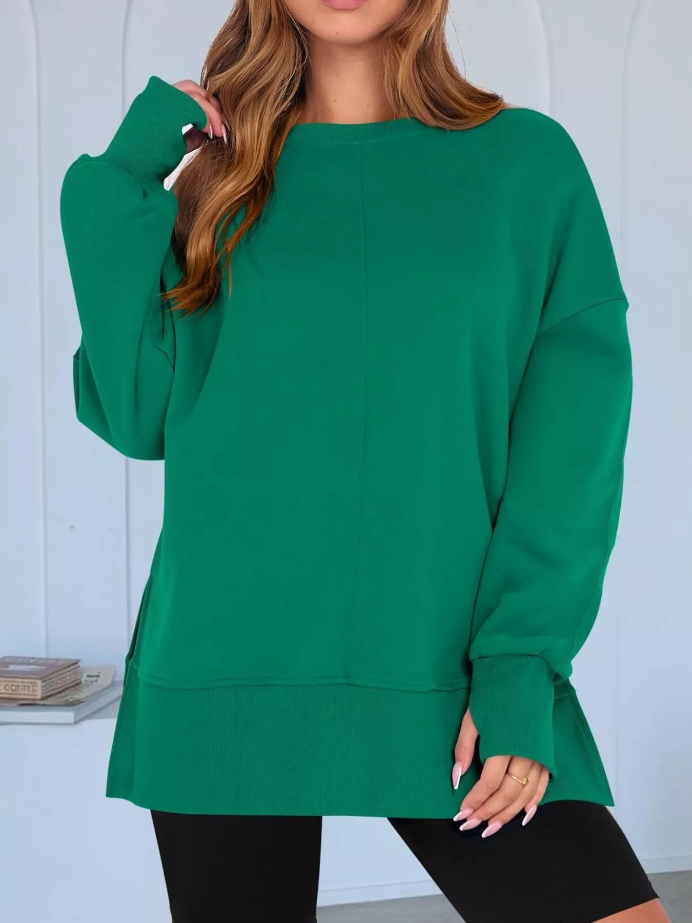 Side Slit Round Neck Long Sleeve Sweatshirt - Rochelle's House LLC