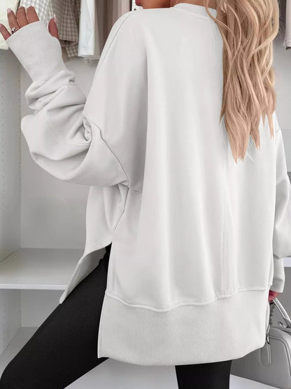 Side Slit Round Neck Long Sleeve Sweatshirt - Rochelle's House LLC
