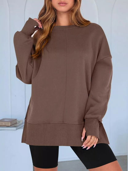 Side Slit Round Neck Long Sleeve Sweatshirt - Rochelle's House LLC