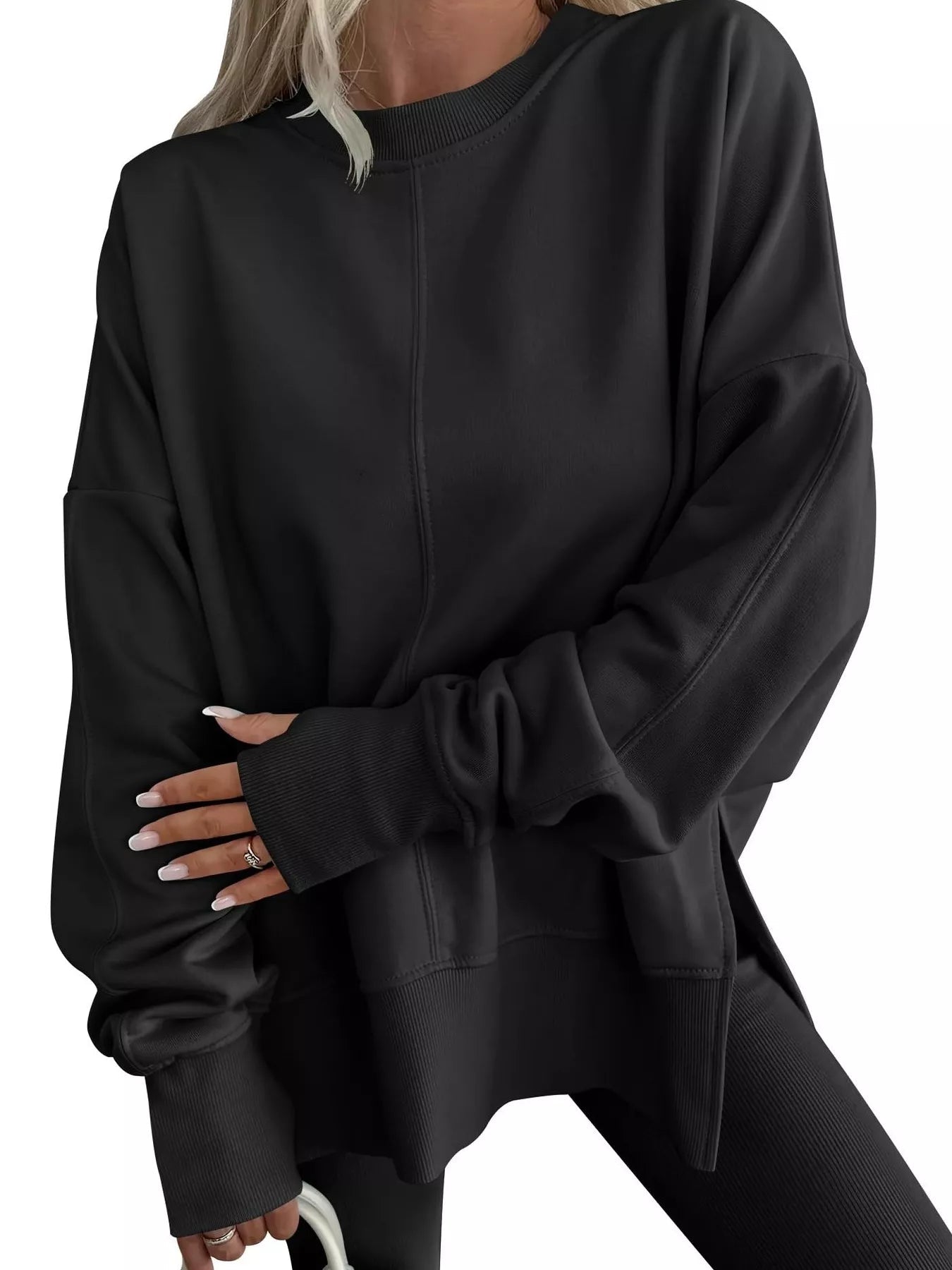 Side Slit Round Neck Long Sleeve Sweatshirt - Rochelle's House LLC