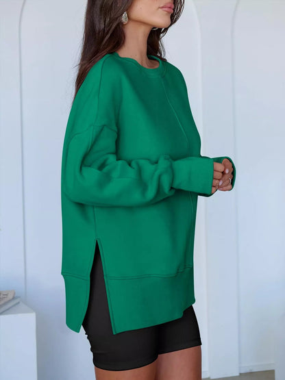 Side Slit Round Neck Long Sleeve Sweatshirt - Rochelle's House LLC