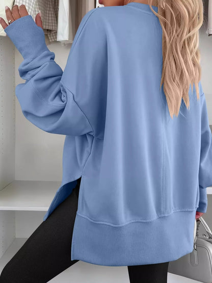 Side Slit Round Neck Long Sleeve Sweatshirt - Rochelle's House LLC