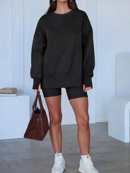 Side Slit Round Neck Long Sleeve Sweatshirt - Rochelle's House LLC