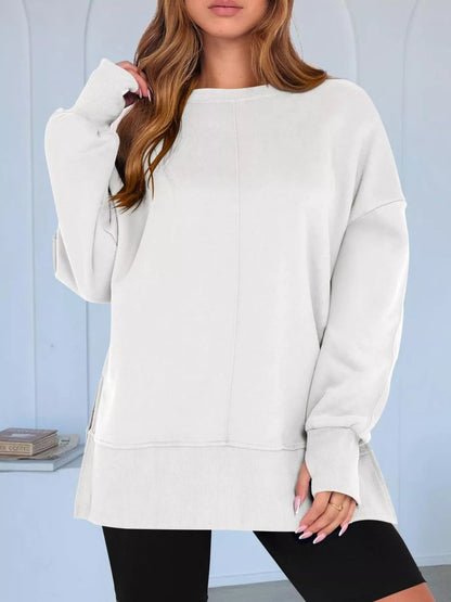 Side Slit Round Neck Long Sleeve Sweatshirt - Rochelle's House LLC