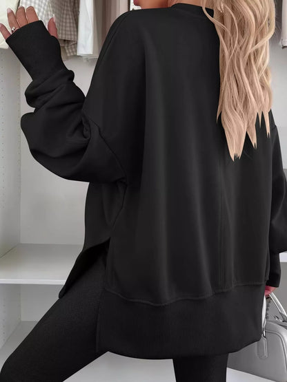 Side Slit Round Neck Long Sleeve Sweatshirt - Rochelle's House LLC