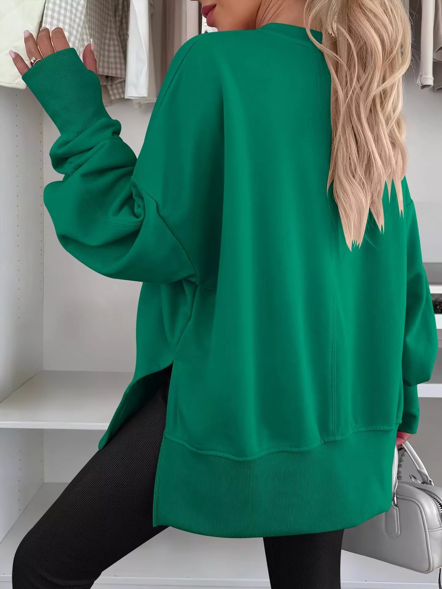 Side Slit Round Neck Long Sleeve Sweatshirt - Rochelle's House LLC