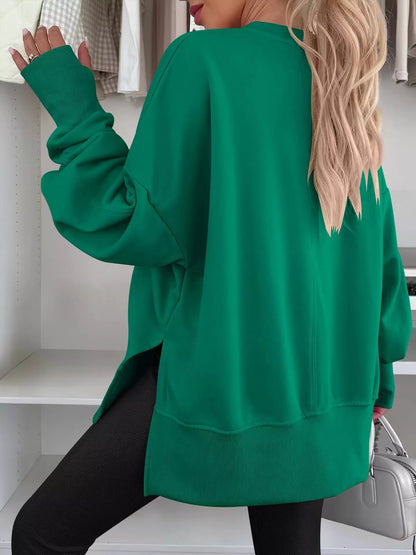 Side Slit Round Neck Long Sleeve Sweatshirt - Rochelle's House LLC