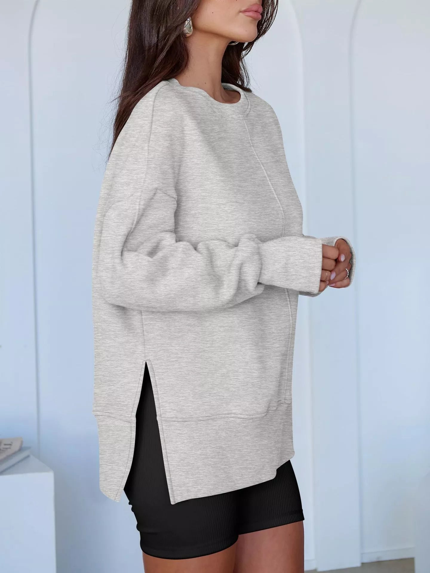 Side Slit Round Neck Long Sleeve Sweatshirt - Rochelle's House LLC