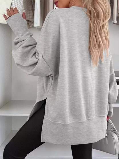 Side Slit Round Neck Long Sleeve Sweatshirt - Rochelle's House LLC
