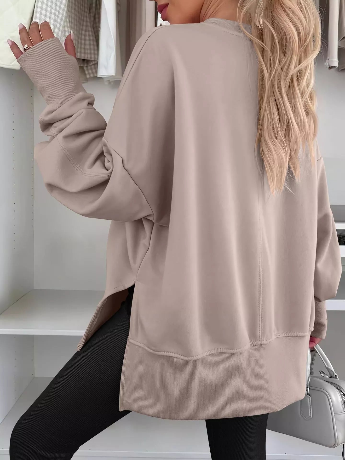 Side Slit Round Neck Long Sleeve Sweatshirt - Rochelle's House LLC