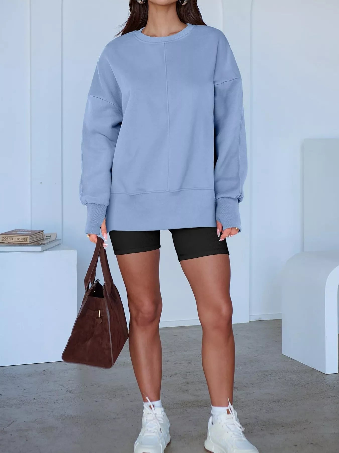 Side Slit Round Neck Long Sleeve Sweatshirt - Rochelle's House LLC