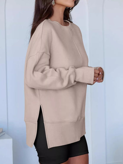 Side Slit Round Neck Long Sleeve Sweatshirt - Rochelle's House LLC